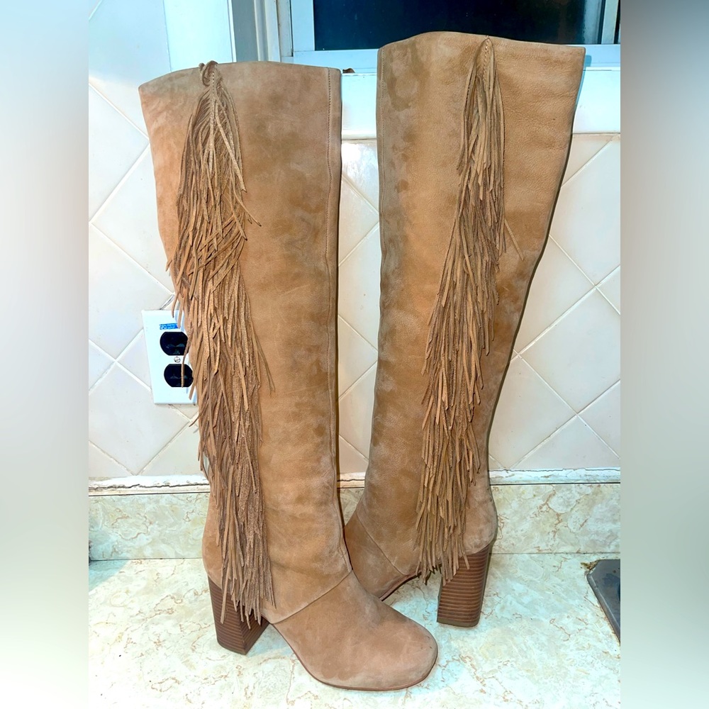 Sam Edelman Suede Fringe Knee High Boots with Heel size 8.5